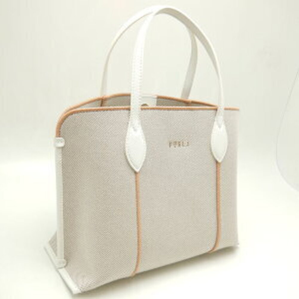 Furla handbag leather White Vittoria canvas Tan Beige